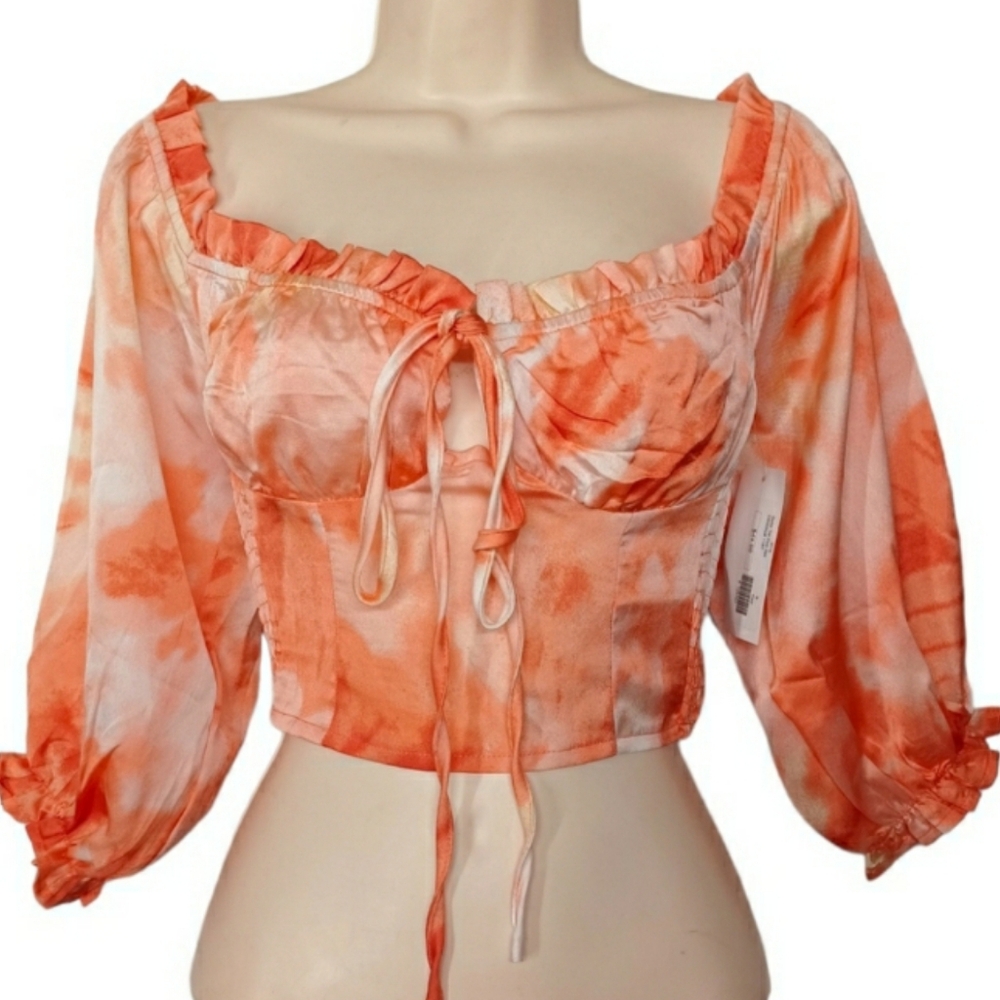 SWEETIES O.VIANCE Peach Orange Tie Dye Print Smocked Top Small NWT